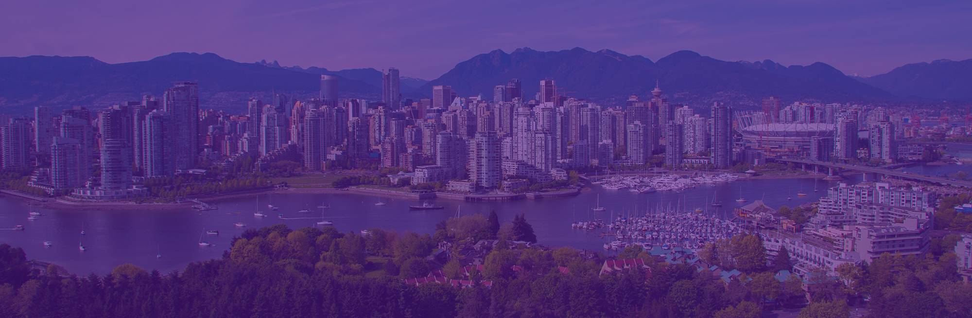 City skyline with marina, bridge, and mountains